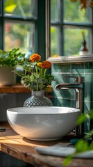 Poster - Modern Bathroom Sink with Green Tiles and Flowers.