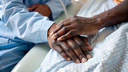 a close-up of two hands resting on a light blue hospital bed sheet. One hand is placed gently on top of the other, suggesting a comforting or supportive gesture