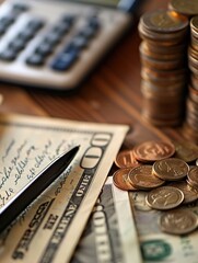 Aufkleber - A stack of cash and coins sits next to an open notebook filled with detailed notes and calculations on a wooden desk. Generative AI
