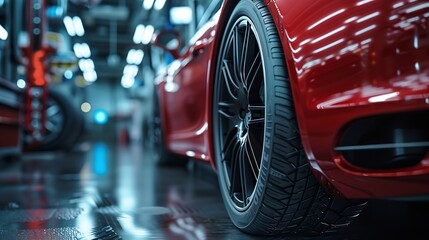 Wall Mural - Low angle back rear view of a car vehicle and its tires at the repairing shop Concept of car maintenance service empty Copy space isolated on black background night scene : Generative AI