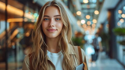 Wall Mural - Portrait of a young woman in casual clothes with a laptop in her hands against the backdrop of a modern business center.