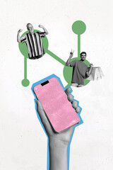 Poster - Vertical photo collage hand body fragment hold smartphone touchscreen elder man show strenght power shopaholic bags app network