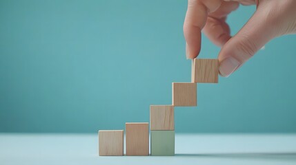  Strategic business growth concept with hand placing green and blue blocks to build an upward graph representing success in marketing and sales. Business planning, and positive trends