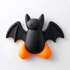 Cute black bat toy with orange legs on white background, perfect for Halloween and kids' playful imagination. Halloween Art Toy Character Design.