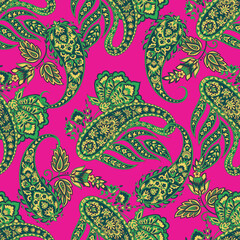 Wall Mural - Floral fabric background with paisley ornament. Seamless pattern