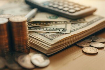 Fototapete - A stack of cash and coins sits next to an open notebook filled with financial notes and calculations in a warm, inviting workspace. Generative AI