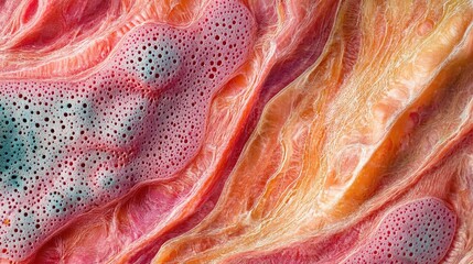 Poster - The cross section of muscle tissue reveals vibrant colors and detailed textures, highlighting various layers and structures essential for understanding muscle anatomy