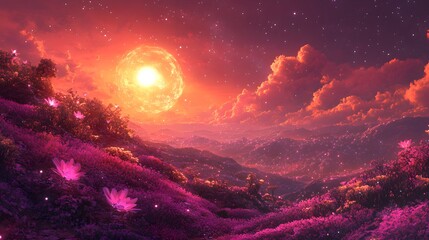 Sticker - Fantasy Sunset Landscape with Blooming Flowers.