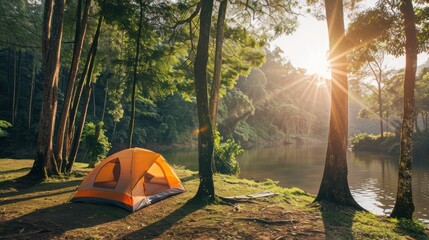 Wall Mural - Camping by a Lake at Sunrise