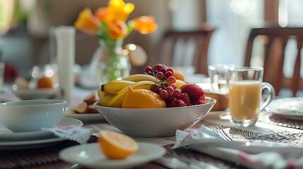 Breakfast table setting with bowl of fruit