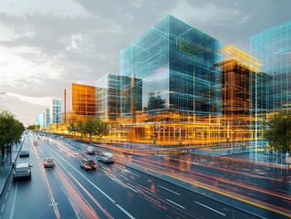 Wall Mural - Futuristic Cityscape with Towering Skyscrapers and Blurred Traffic Flow