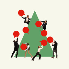 Wall Mural - Business professionals collaboratively placing red speech bubbles, resembling ornaments, on large green Christmas tree. Teamwork, communication, and growth. Contemporary art collage. Business concept