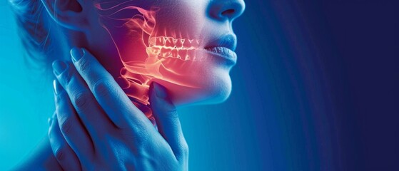 Close-up image of a woman holding her jaw, highlighted in blue and red. Depicts a scientific/medical context, possibly related to jaw pain or inflammation.