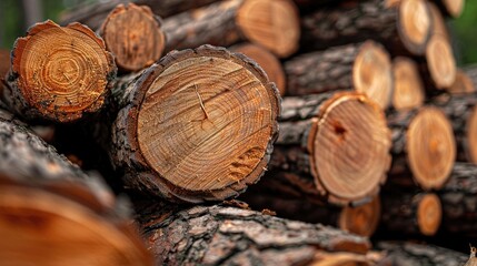 Poster - Cluster of freshly chopped spruce tree trunks with a focused piece