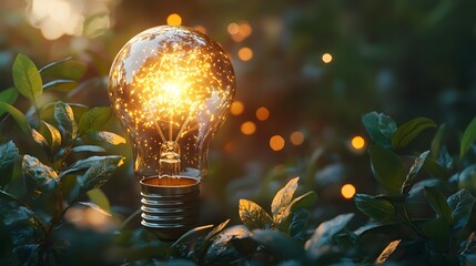 Glowing Lightbulb in Natural Foliage Setting