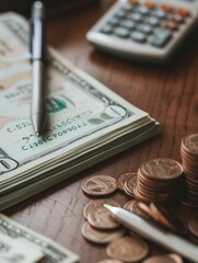 Aufkleber - A stack of cash and coins sit beside a notebook filled with notes and calculations, highlighting a focused financial planning session. Generative AI