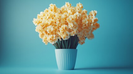 Wall Mural - A vase of yellow flowers sits on a blue background