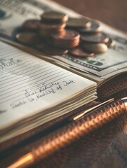 Fototapete - Cash and coins are arranged next to an open notebook detailing financial notes and calculations, emphasizing budgeting or financial planning. Generative AI