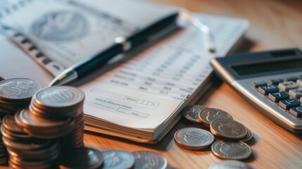 Fototapete - A stack of cash and coins sit beside an open notebook filled with calculations and a calculator in a home office setting. Generative AI
