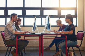 Poster - Collaboration, coworking office and employees at desk, working together and communication on computer. Smile, happy project and startup with people at web design studio with creative teamwork