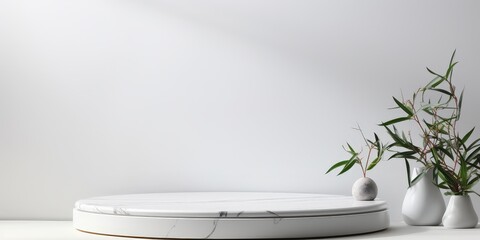 Wall Mural - Minimalist White Marble Pedestal with Green Plants