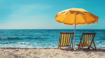 Wall Mural - 2 beach chairs and 1 beach umbrella are located to the side photos relevant to summer holidays shot in a vertical position : Generative AI