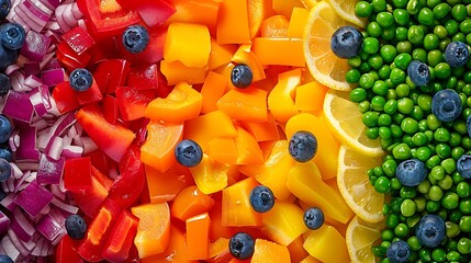 close up elevated view of arch of chopped multi coloured fruits and vegetables rainbow of chopped red orange and yellow bell peppers green peas red onion and a blueberry