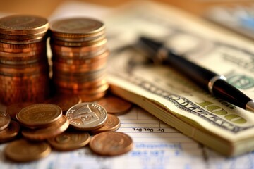 Fototapete - Stacks of cash and coins are accompanied by an open notebook filled with financial notes and calculations on a wooden table. Generative AI