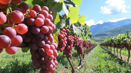 Red grapes (Vitis vinifera) ready for harvest. --ar 16:9 --v 6.1 Job ID: 02e22b49-3039-4b3c-9a4b-04d4dc261001