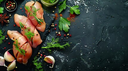 Poster - Fresh chicken fillet on a dark concrete table with spices and herbs Preparation for cooking meat dishes : Generative AI