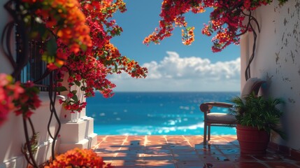 resort hotel, cinematic still, house patio near the ocean, vivid flowers, blurred background.