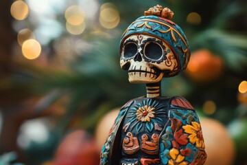 Decorated Sugar Skull Figurine with Floral Design and Bokeh Background