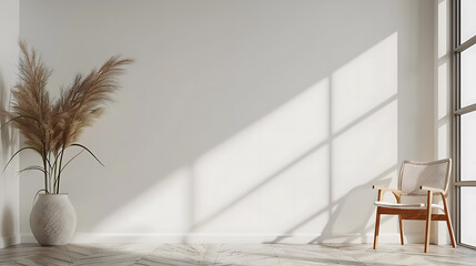 Wall Mural - A minimalist living room with a white chair and a vase of dried flowers against a white wall with sunlight streaming through a window.