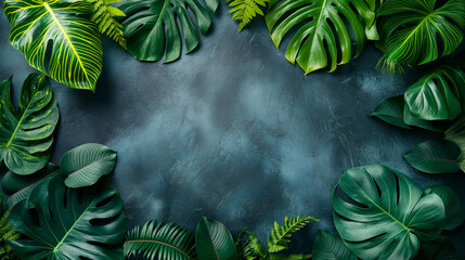 Wall Mural -  Tropical green leaves border on a dark textured background. Copy space. Generative AI