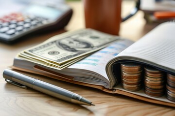 Fototapete - Cash and coins are stacked next to an open notebook filled with financial notes and calculations on a desk. Generative AI