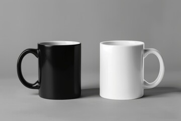 two coffee cups, black and white mugs, mockup, isolated on grey background. 