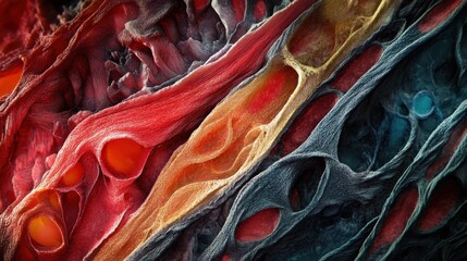 Poster - Microscopic cross sections showcase vibrant cellular structures and complex networks within biological tissue, highlighting their diverse characteristics