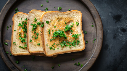 Toasted bread slices garnished with fresh parsley on a wooden plate. Copy space. Generative AI	