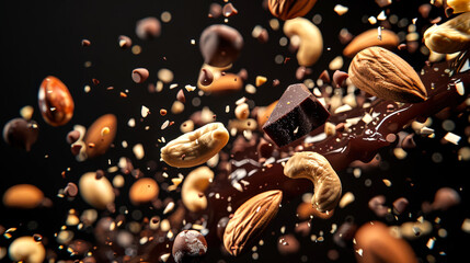 Chocolate-nut explosion on a black background. Almonds and cashews are combined with pieces of chocolate. Sweet dessert - nuts in chocolate