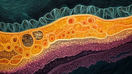 Poster - A vibrant cross section reveals intricate structures showcasing a variety of colors and patterns under high magnification