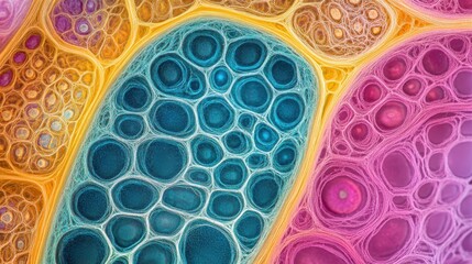 Poster - A cross section showcases intricate cellular patterns and structures, illuminated in vibrant hues under microscopic observation
