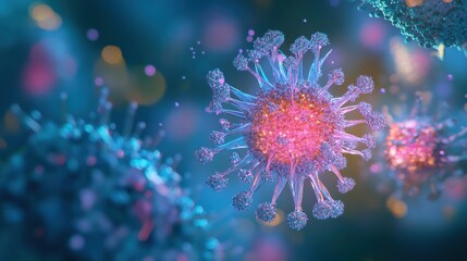 Poster - Microscopic examination reveals intricate structures of viral particles showcasing their unique characteristics in vivid hues