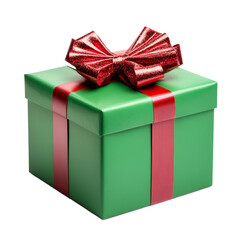 Poster - Bright green gift box with a sparkling red bow and ribbon carefully tied isolated on a transparent background 