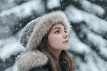 A young woman in a fur-lined hat looks up thoughtfully amidst softly falling snow. Her serene expression adds a contemplative mood to the tranquil winter setting.