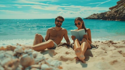 Wall Mural - Young couple enjoying a relaxing day at the beach lying on sandy shore while reading books relaxation beach life summer vacation reading and couples activities : Generative AI