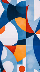 Wall Mural - Geometric pattern with curved shapes in blue, orange, and white, creating a vibrant and lively visual composition.