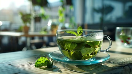 Wall Mural - delicious green tea in a beautiful glass bowl on a table