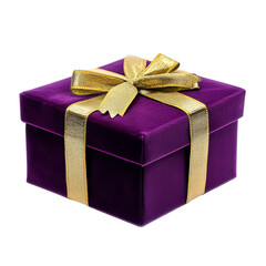 Wall Mural - Deep purple gift box with a velvet texture and a golden ribbon isolated on a transparent background 