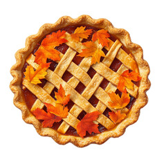 Poster - Festive Thanksgiving pie with a lattice crust topped with a scattering of autumn leaves isolated on transparent background 