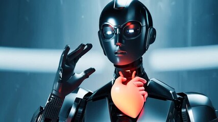 Poster - futuristic robot holding a glowing heart in a high-tech setting generative ai